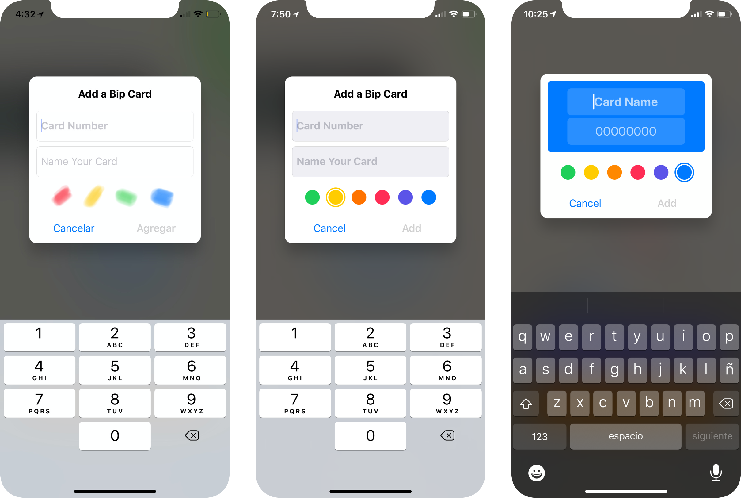 Progression of the add card dialog
