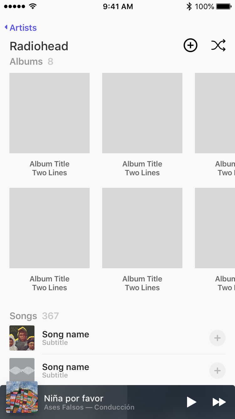 Mock up of redesigned artist screen